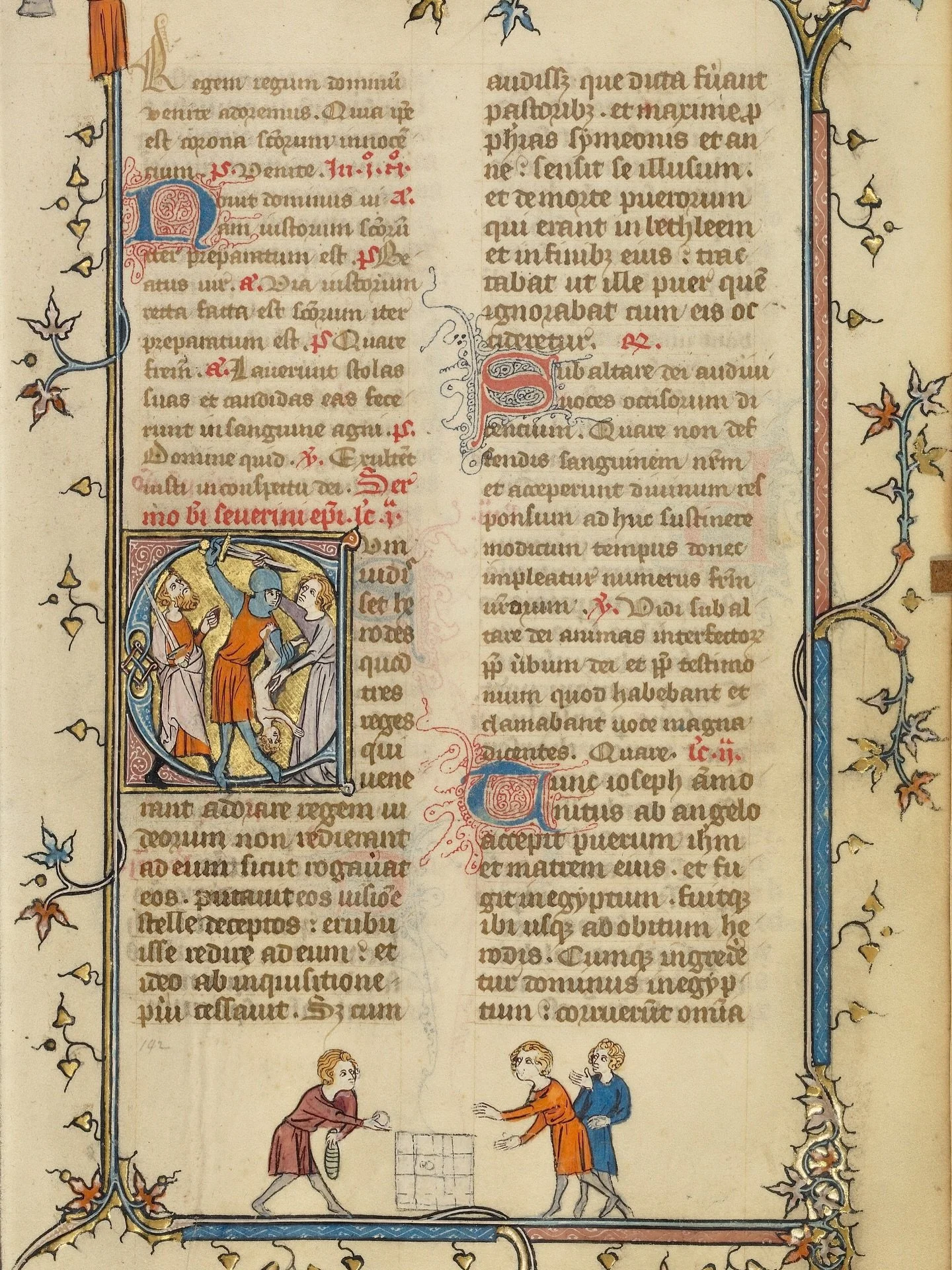 Medieval illustration at the bottom of the page of children playing illustrating play and pass-times in the Middle Ages. 

Image: Unknown artist/maker (French), illuminator
Initial C: The Massacre of the Innocents, about 1320&ndash;1325
Tempera color