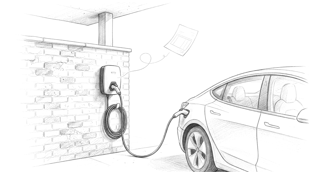 Pencil sketch of a wall-mounted EV charger on a brick carport wall, its cable plugged into an electric car; a thin line from the charger curls up into a sheet of paper like an invoice.