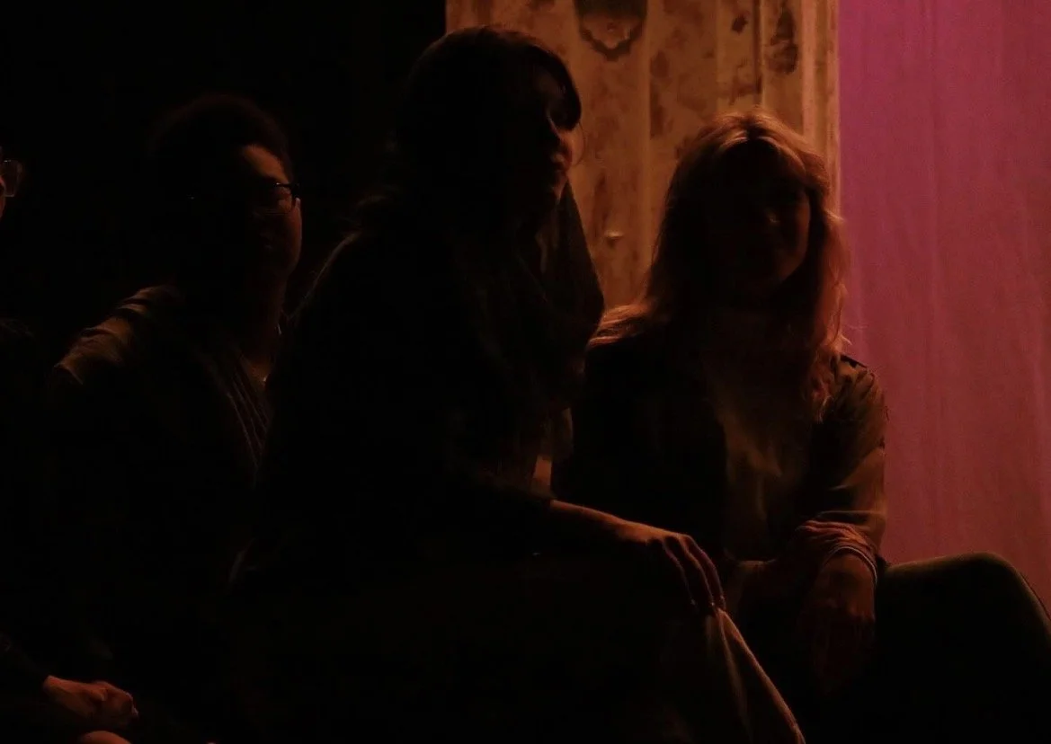 Silhouettes of several people sitting in a dark room, with one woman in the foreground illuminated by a pinkish light on the right side.