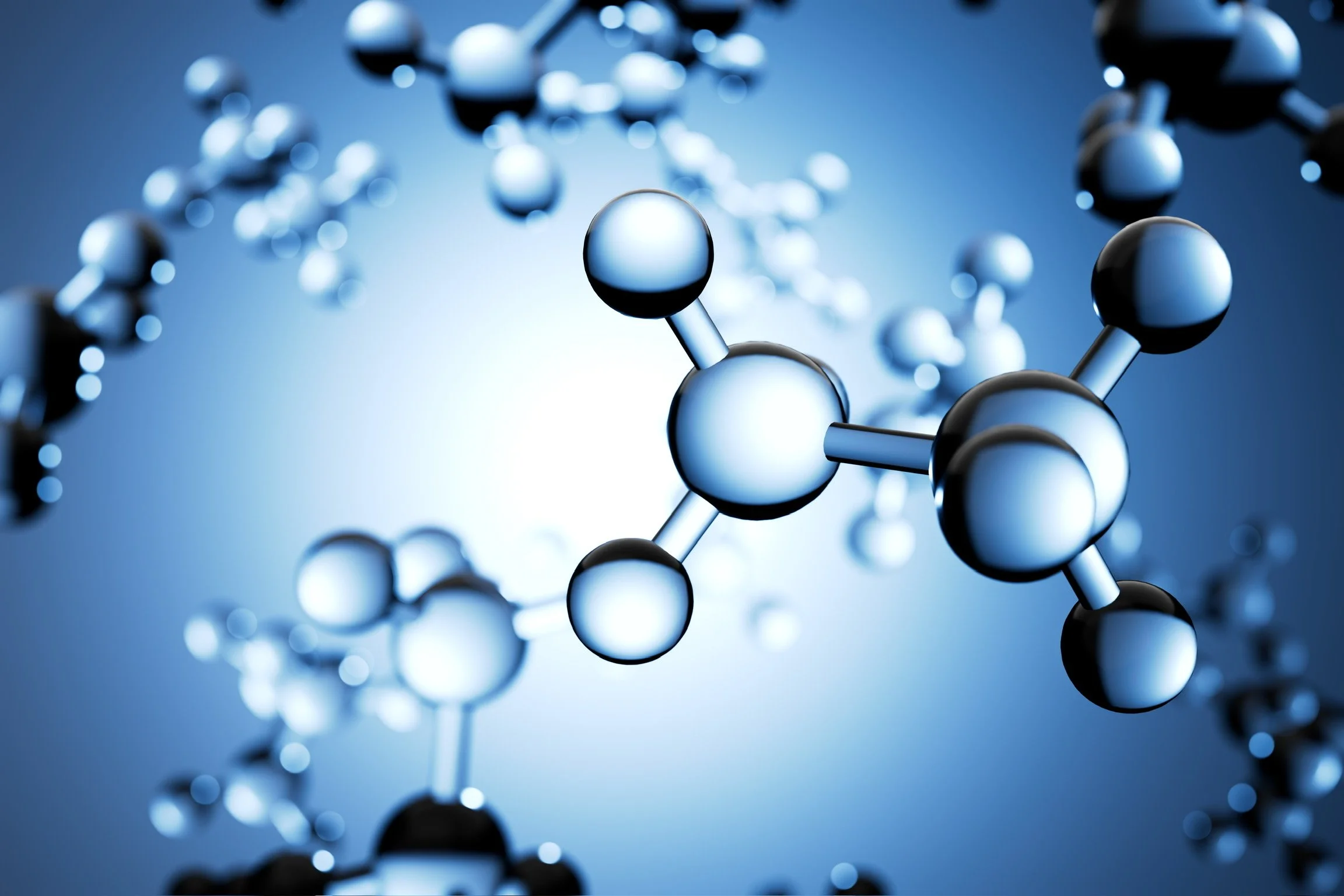 Glossy blue molecular model illustrating hyaluronic acid