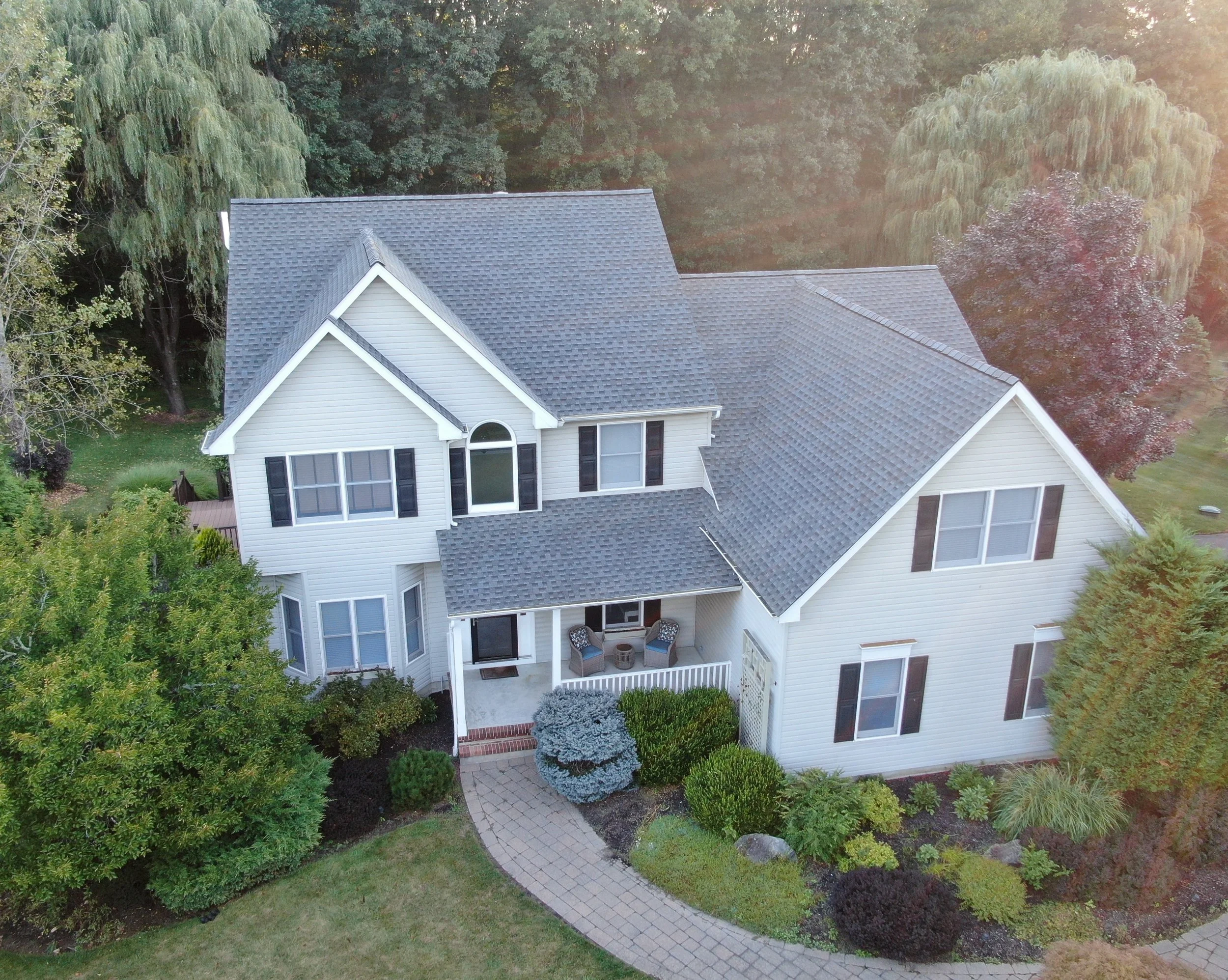 Aerial photo of new roof installation after full roof replacement in Hackettstown, NJ.