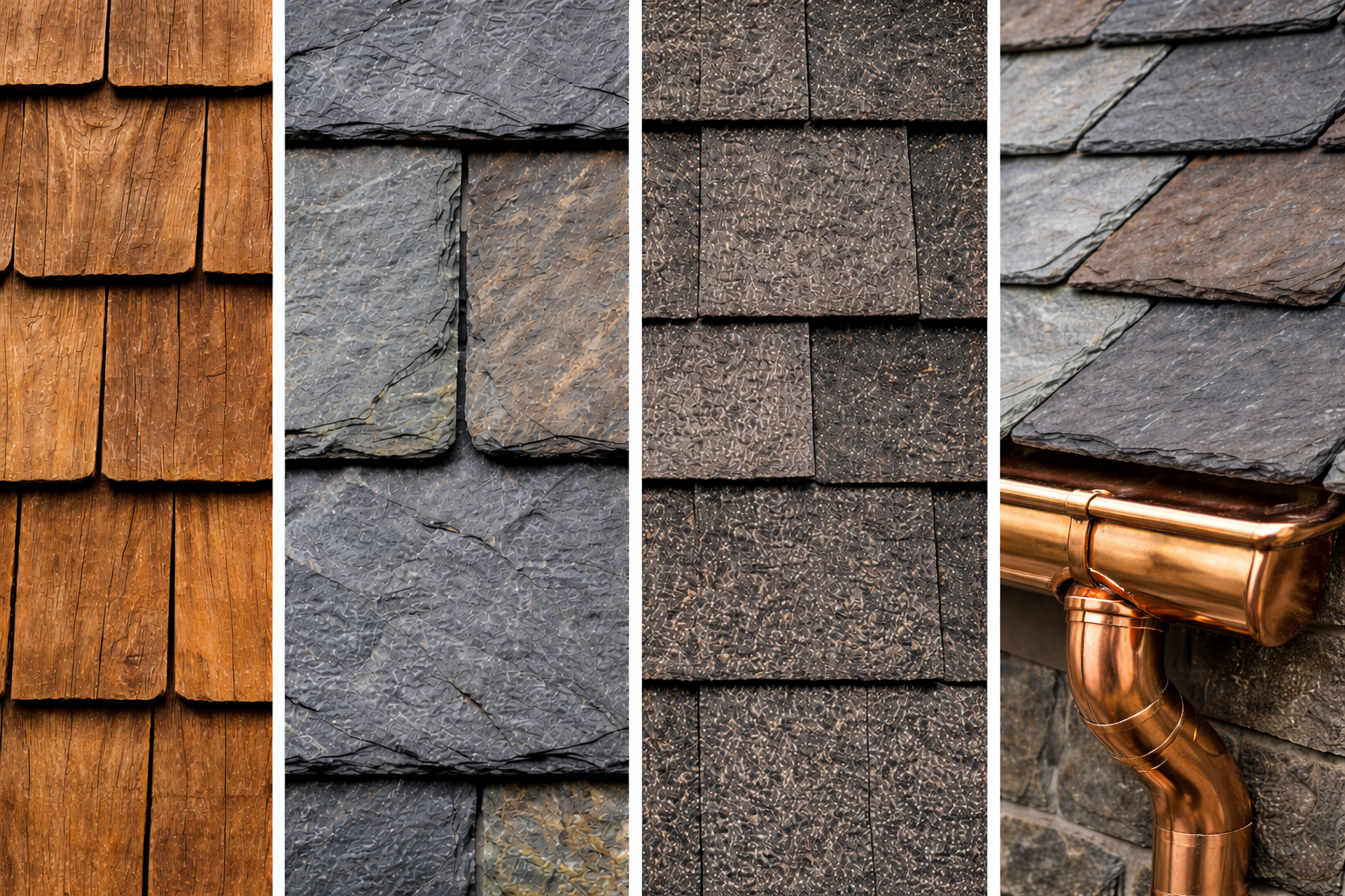 Illustration of a shingle roof and copper roof with copper half-round gutters and downspout leader (Roof & Gutter Replacement).