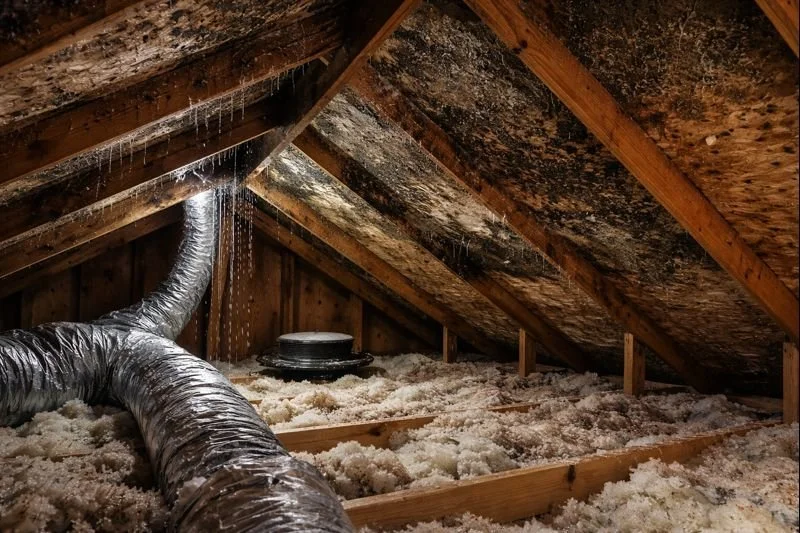 AI-generated illustration of an attic leak with possible mold growth (concept image for leak damage).