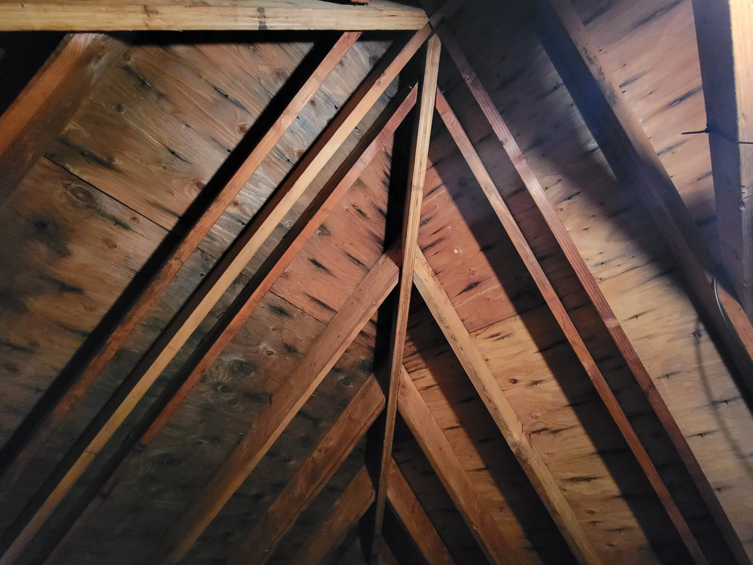 Attic ventilation issue—stained roof decking and cat’s-eye roof vents visible during inspection.