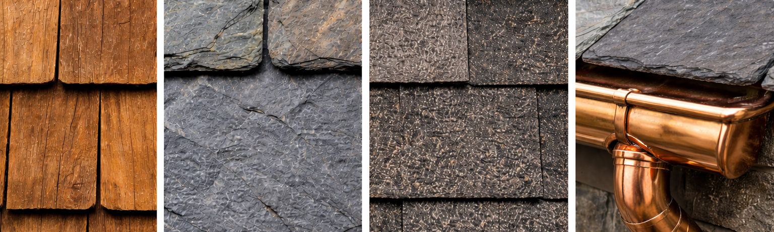 Concept image (AI-generated) showing cedar shake, slate, and asphalt shingle roofing materials.