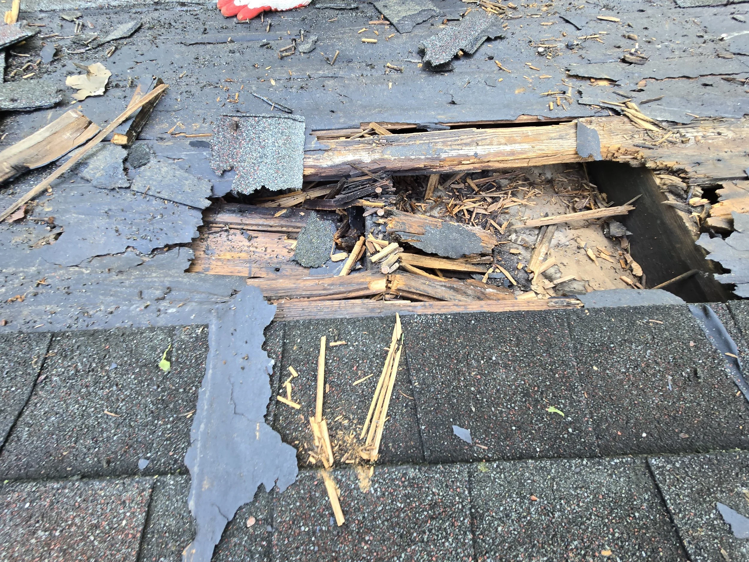 Storm damaged roof resulting in extensive damage to roofing system.