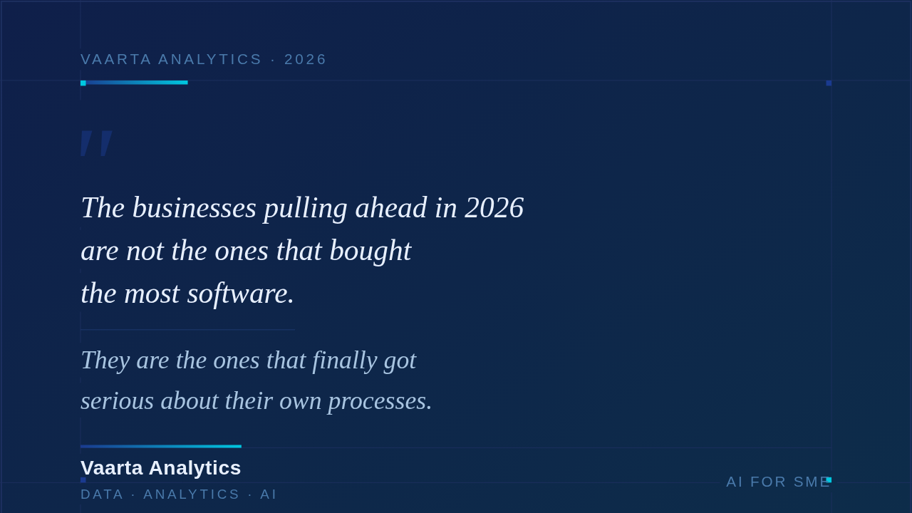 Dark blue branded graphic from Vaarta Analytics with the quote: "The businesses pulling ahead in 2026 are not the ones that bought the most software. They are the ones that finally got serious about their own processes."