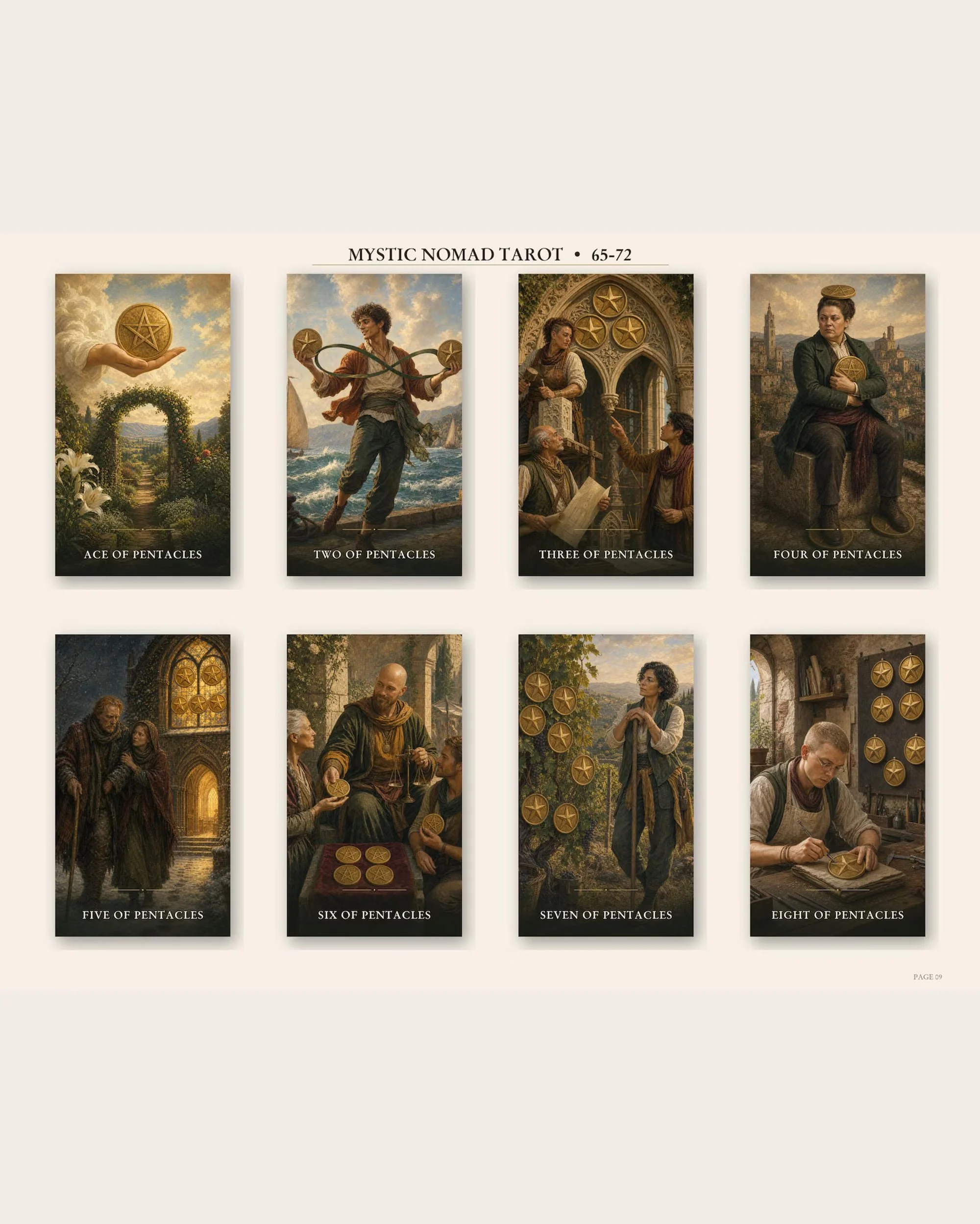Eight Pentacles suit card illustrations from Mystic Nomad The Beginner’s Path Tarot.