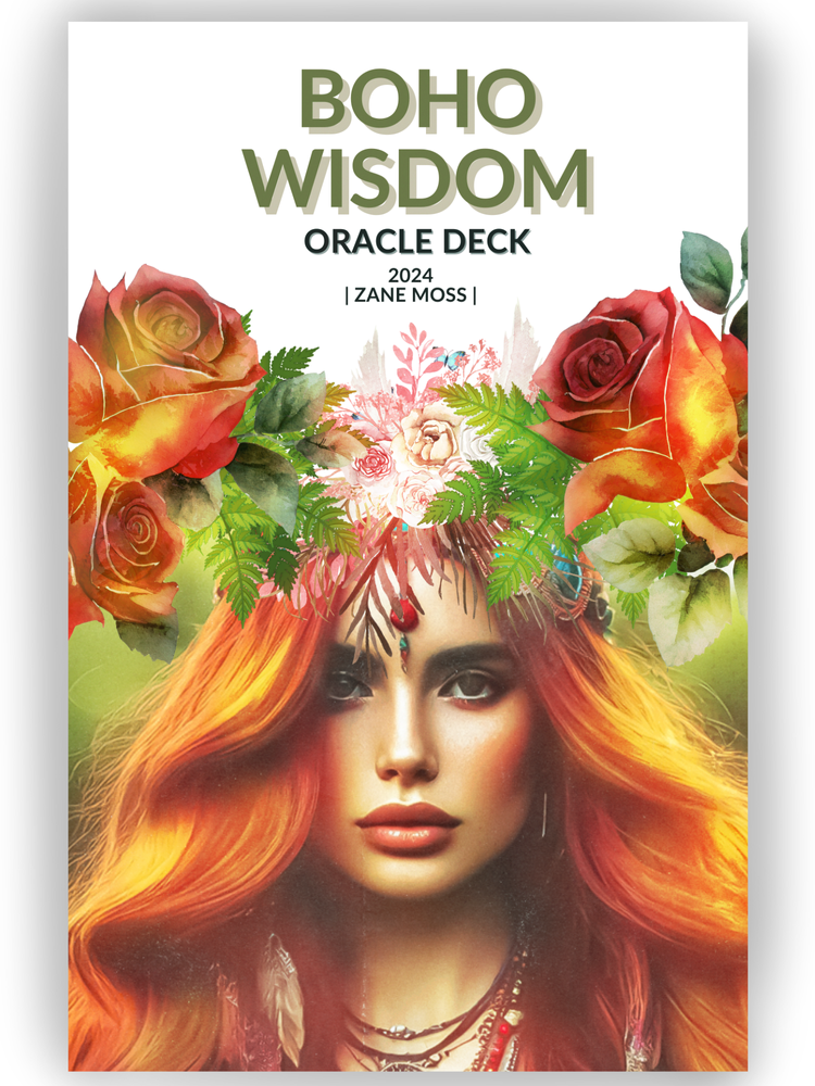 Boho Wisdom Oracle deck cover showing a woman’s face framed by roses and green foliage.