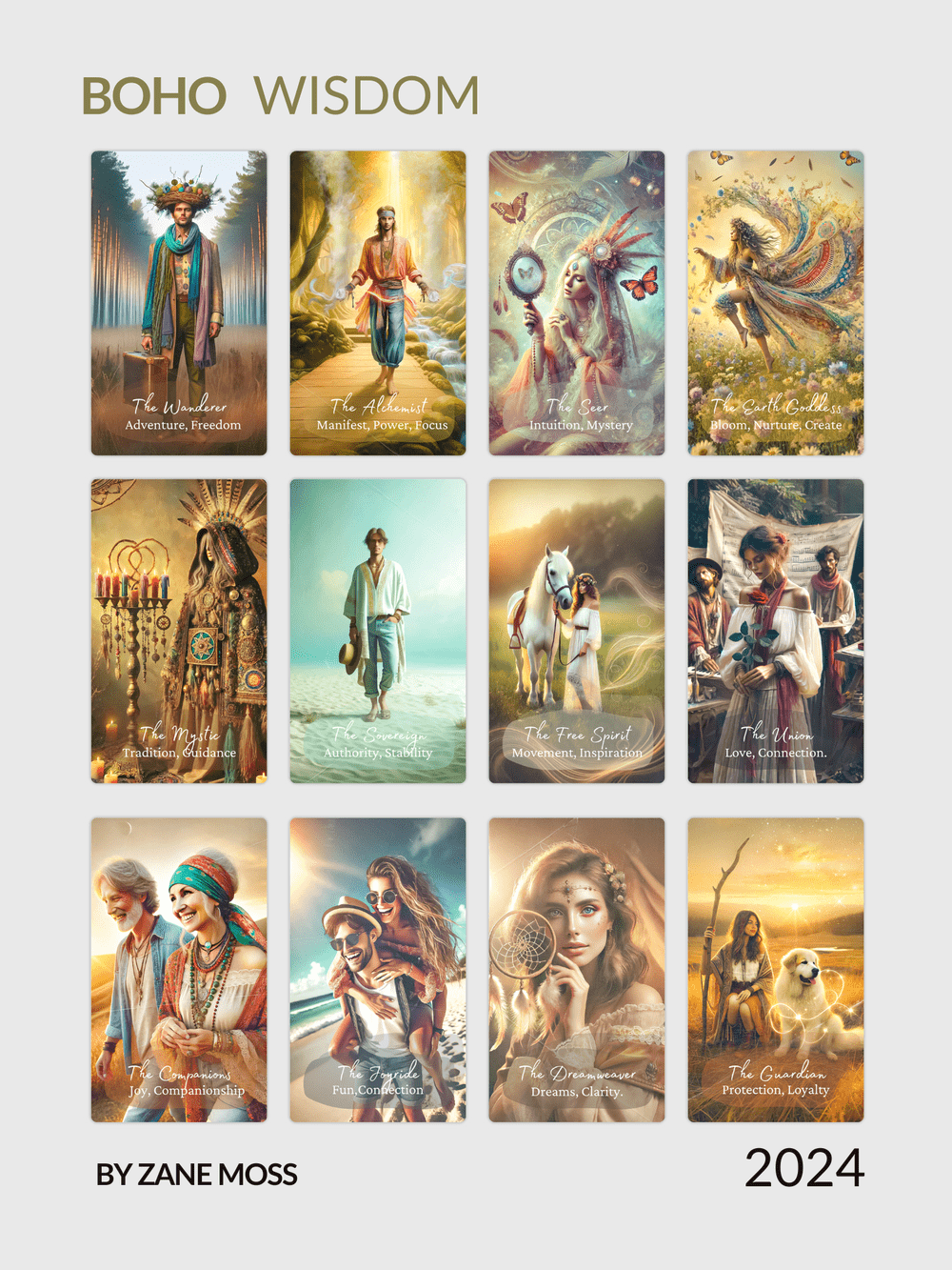 Selection of Boho Wisdom Oracle cards arranged in a grid, showing colourful figures and symbolic scenes.