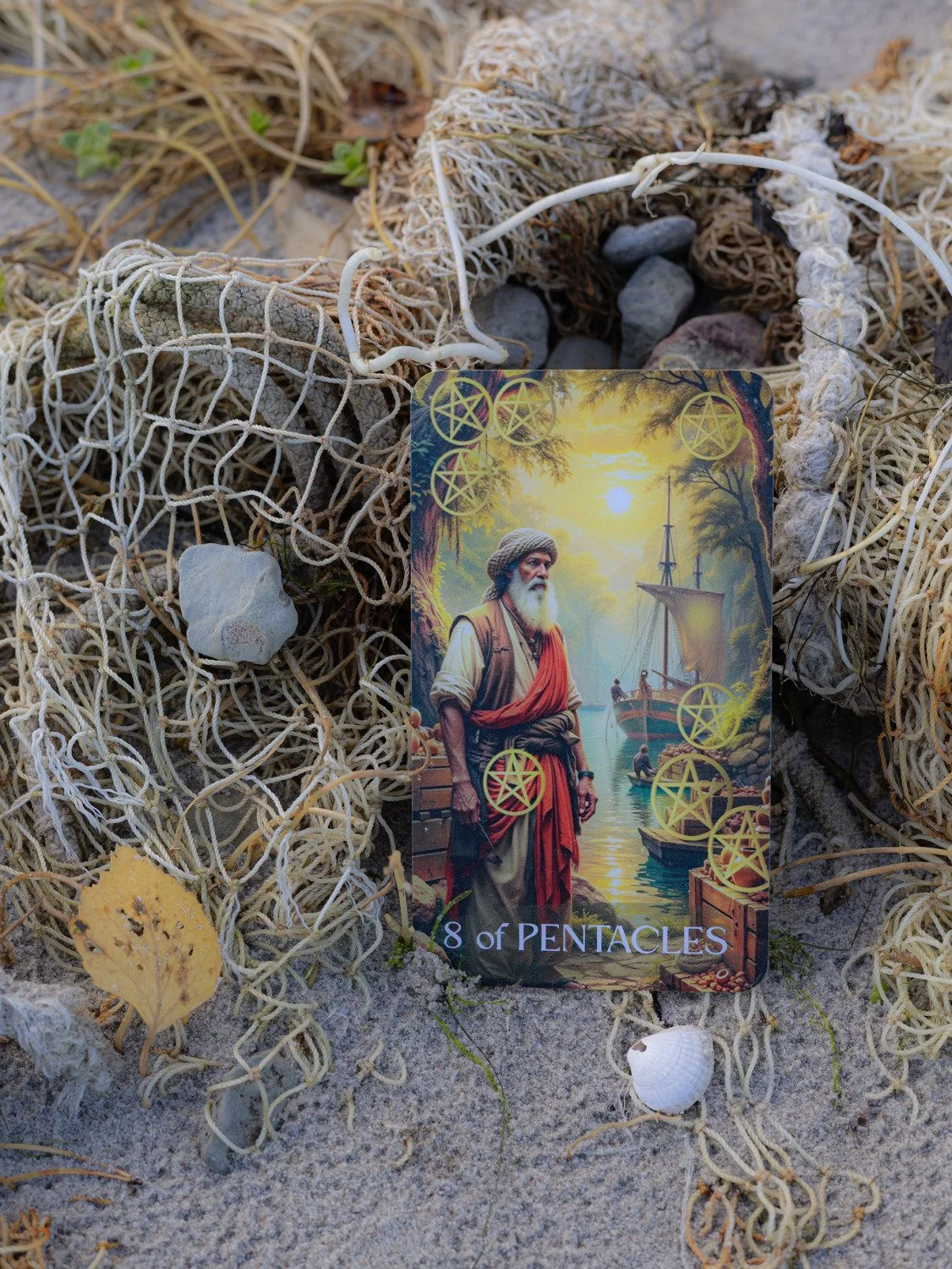 The Eight of Pentacles Tarot card placed in a coastal setting among fishing net, stones, sand and a seashell.