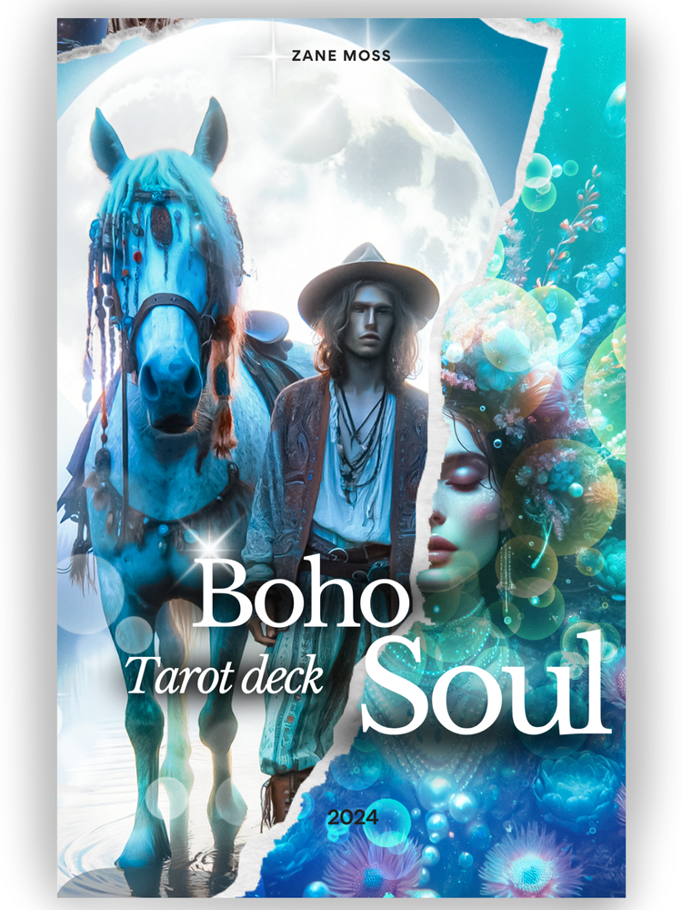 Boho Soul Tarot deck cover featuring a blue horse, a man in a hat and a woman’s face against a bright moon and aquatic imagery.