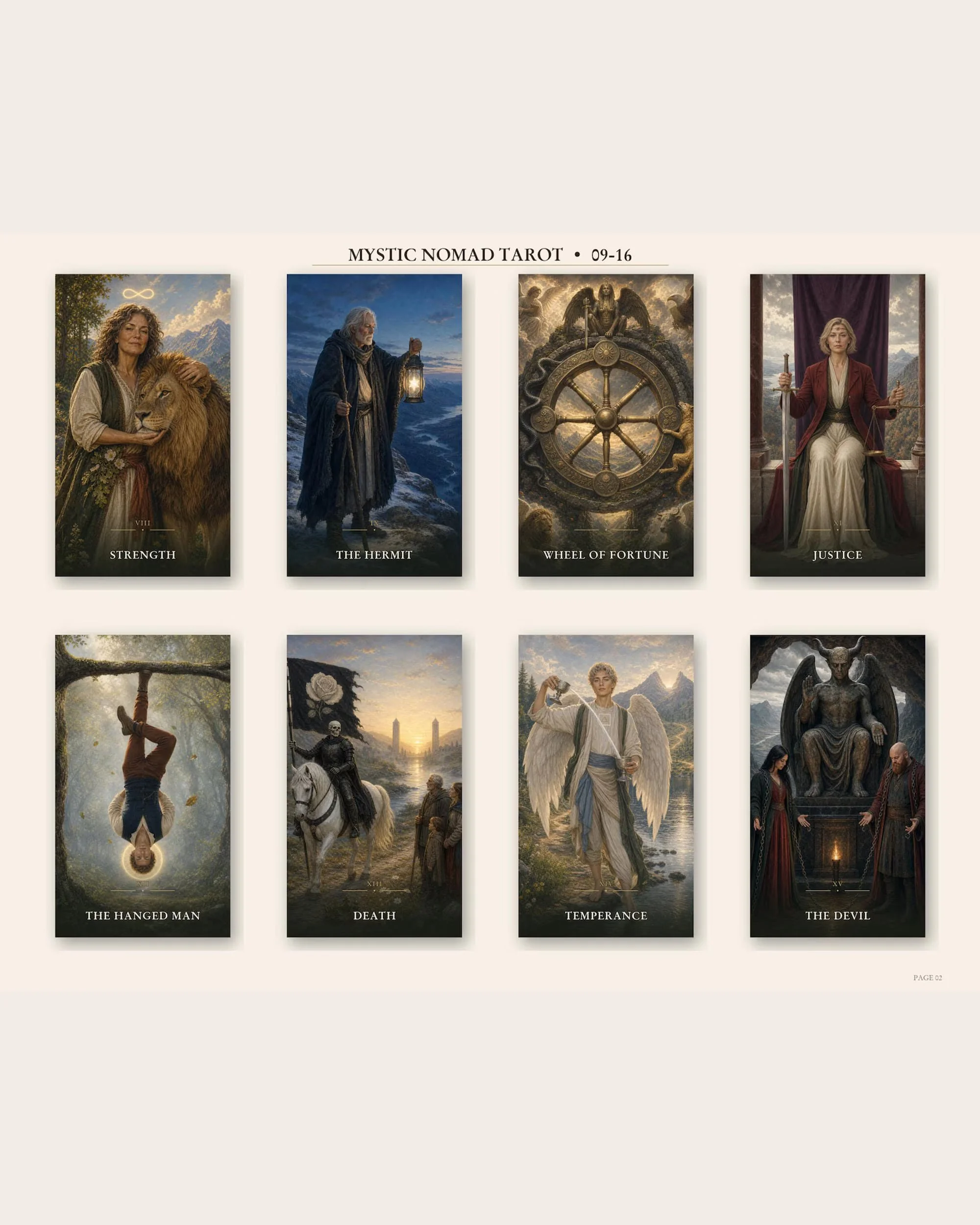 Eight Mystic Nomad The Beginner’s Path Tarot Major Arcana card illustrations, including Strength and The Hermit.