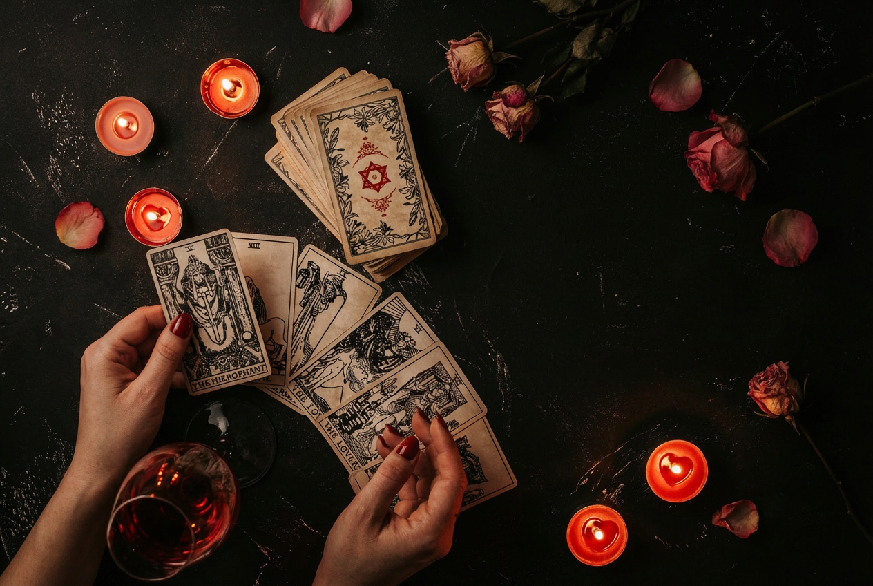 Romantic tarot reading with hands holding cards, red candles, roses, and a glass of red wine on a dark background.