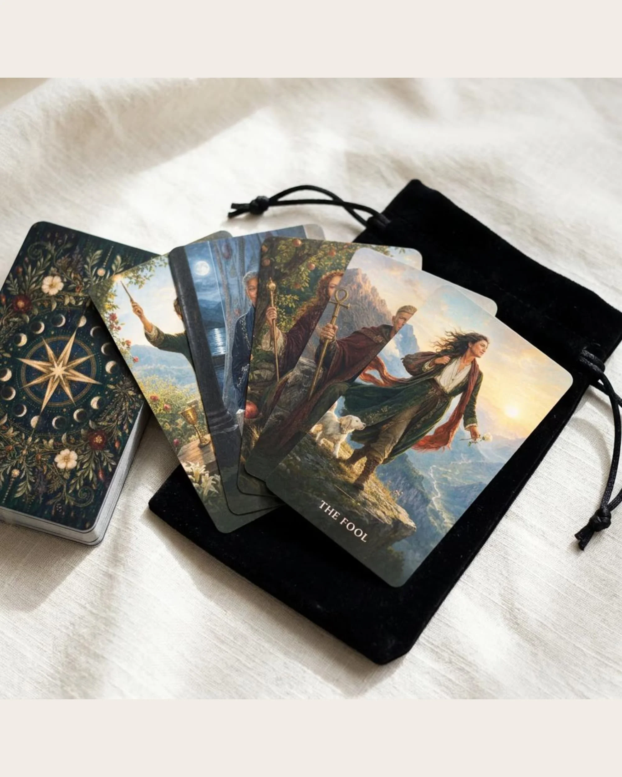 Fanned Mystic Nomad The Beginner’s Path Tarot cards beside the deck and black velvet pouch.
