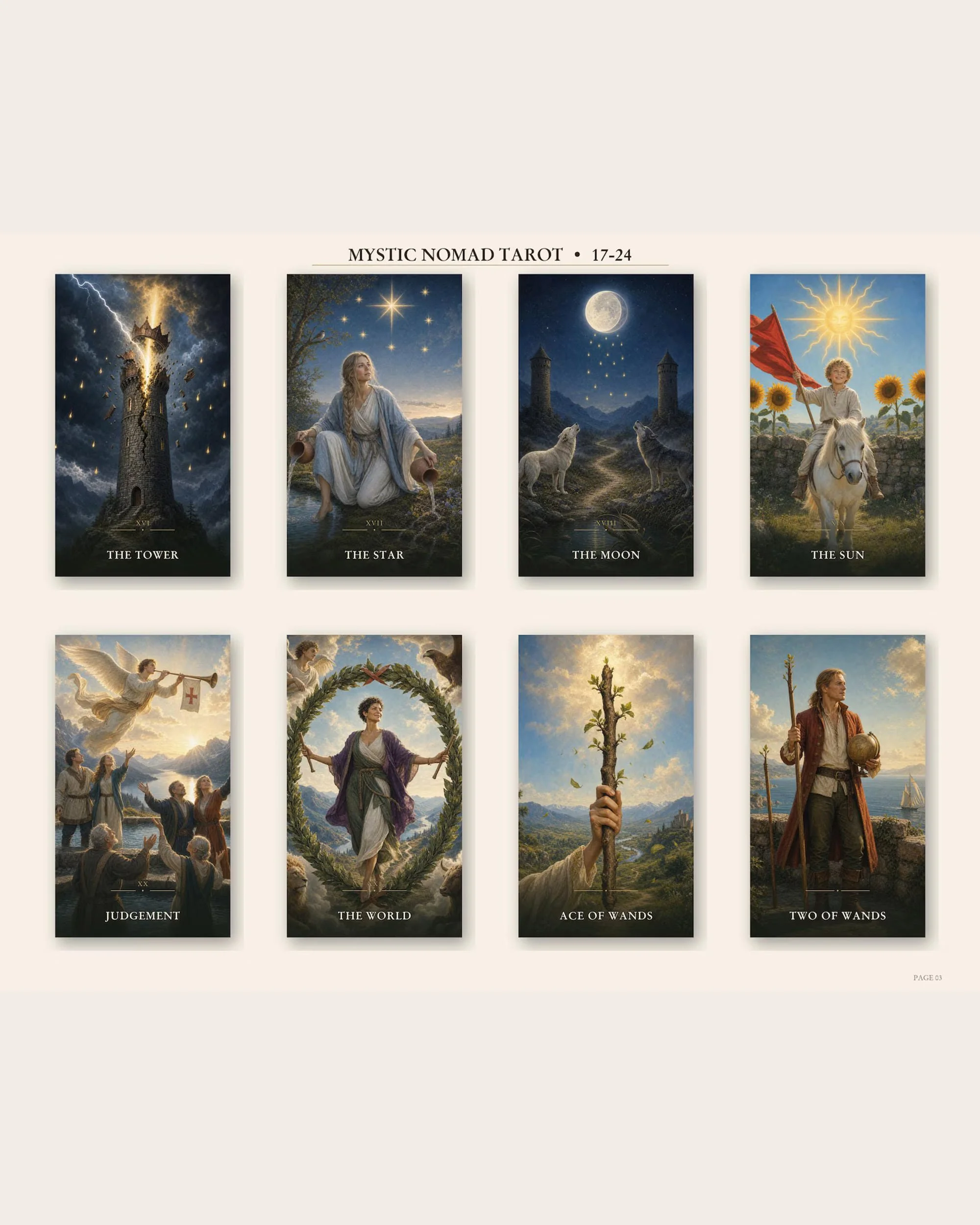 Mystic Nomad The Beginner’s Path Tarot Major Arcana card examples, including The Star, The Moon and The Sun.