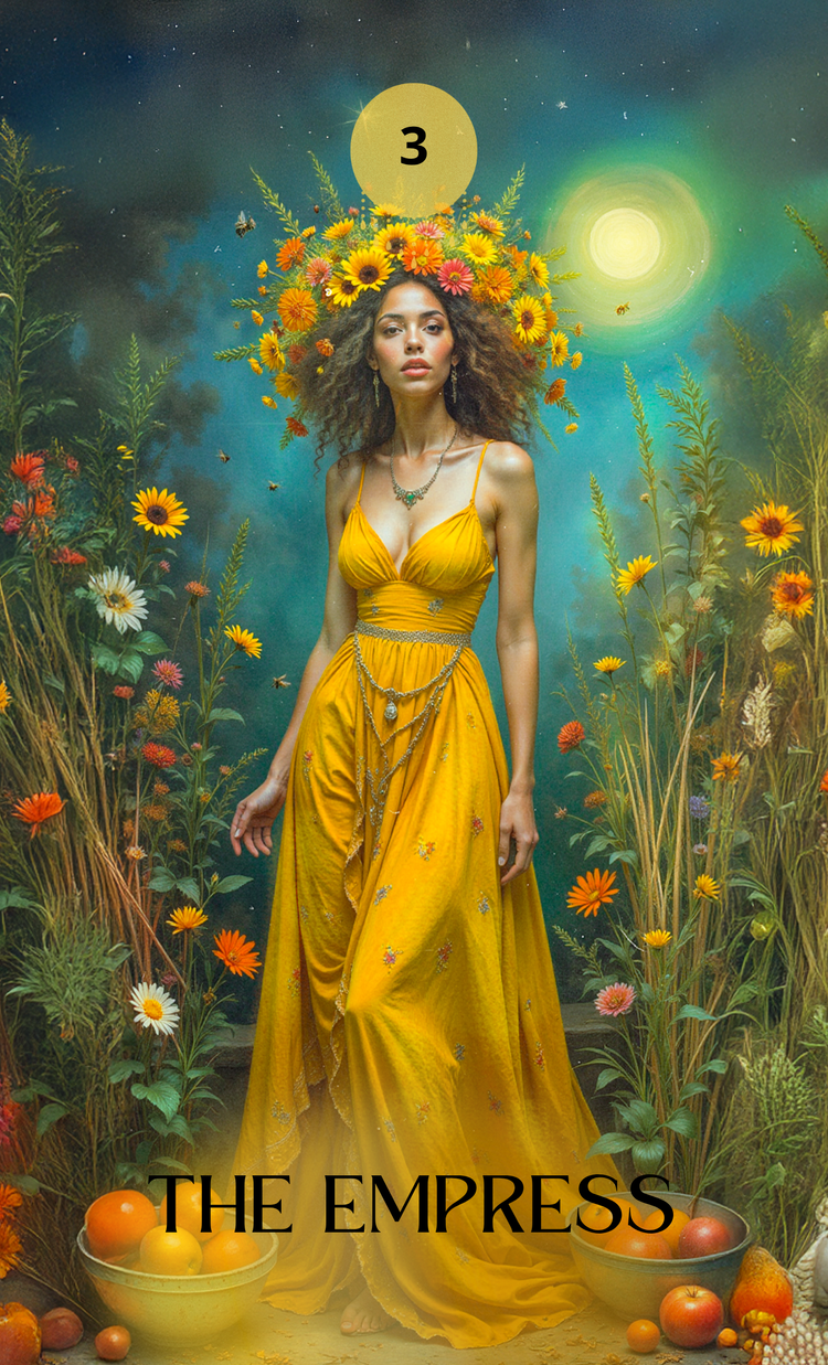 The Empress card from Whispers of the Moon Tarot, surrounded by floral and celestial imagery.