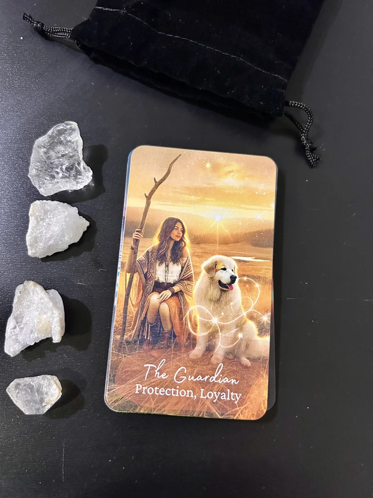 The Guardian card from Boho Wisdom Oracle showing a seated woman and white dog beside crystals on a dark surface.