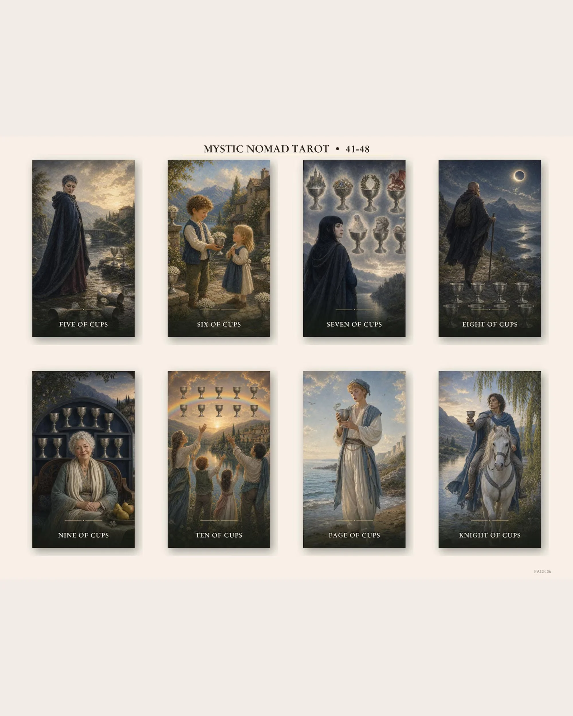 Eight Cups suit card illustrations from Mystic Nomad The Beginner’s Path Tarot.
