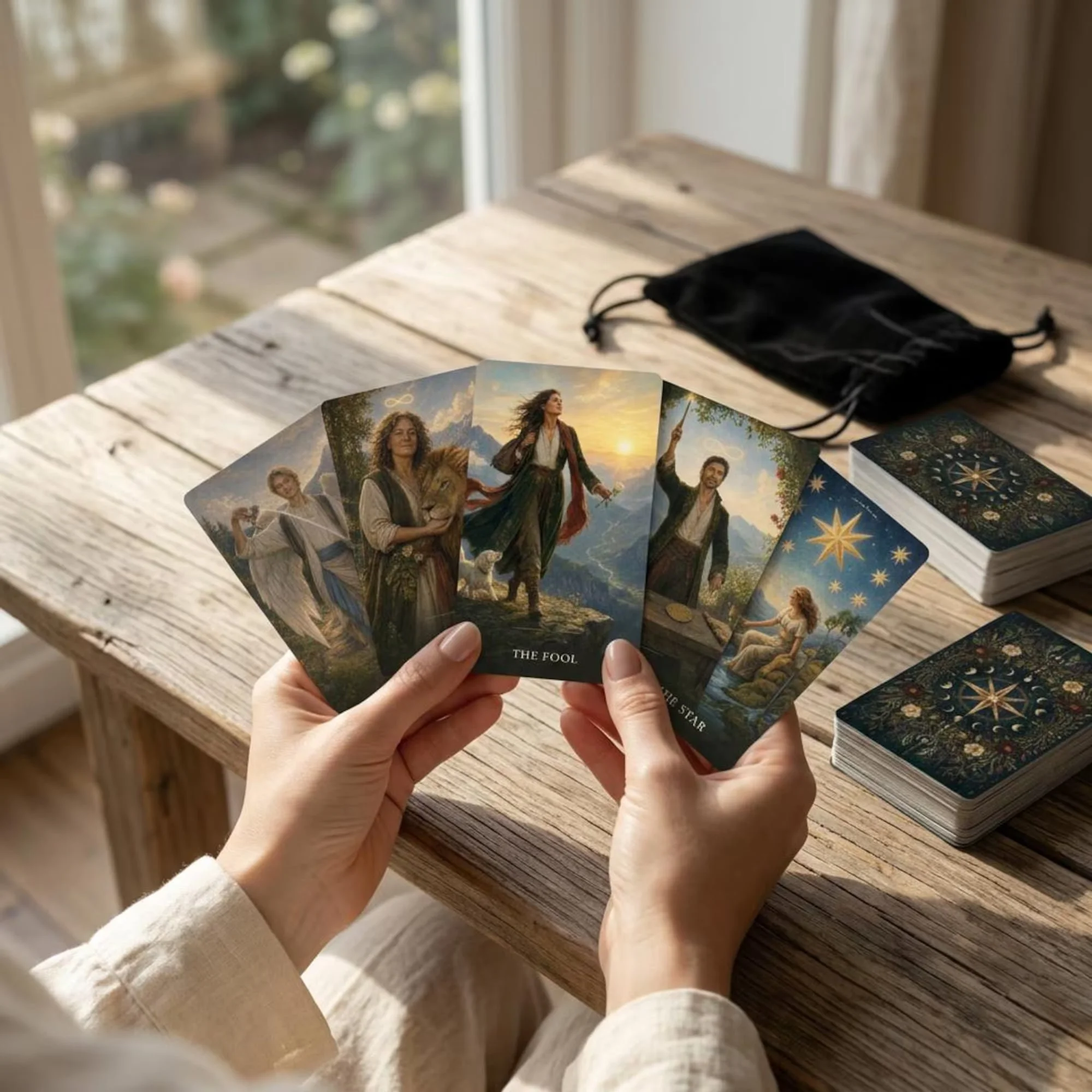 Mystic Nomad The Beginner’s Path Tarot cards held in hands beside the illustrated 78-card deck.
