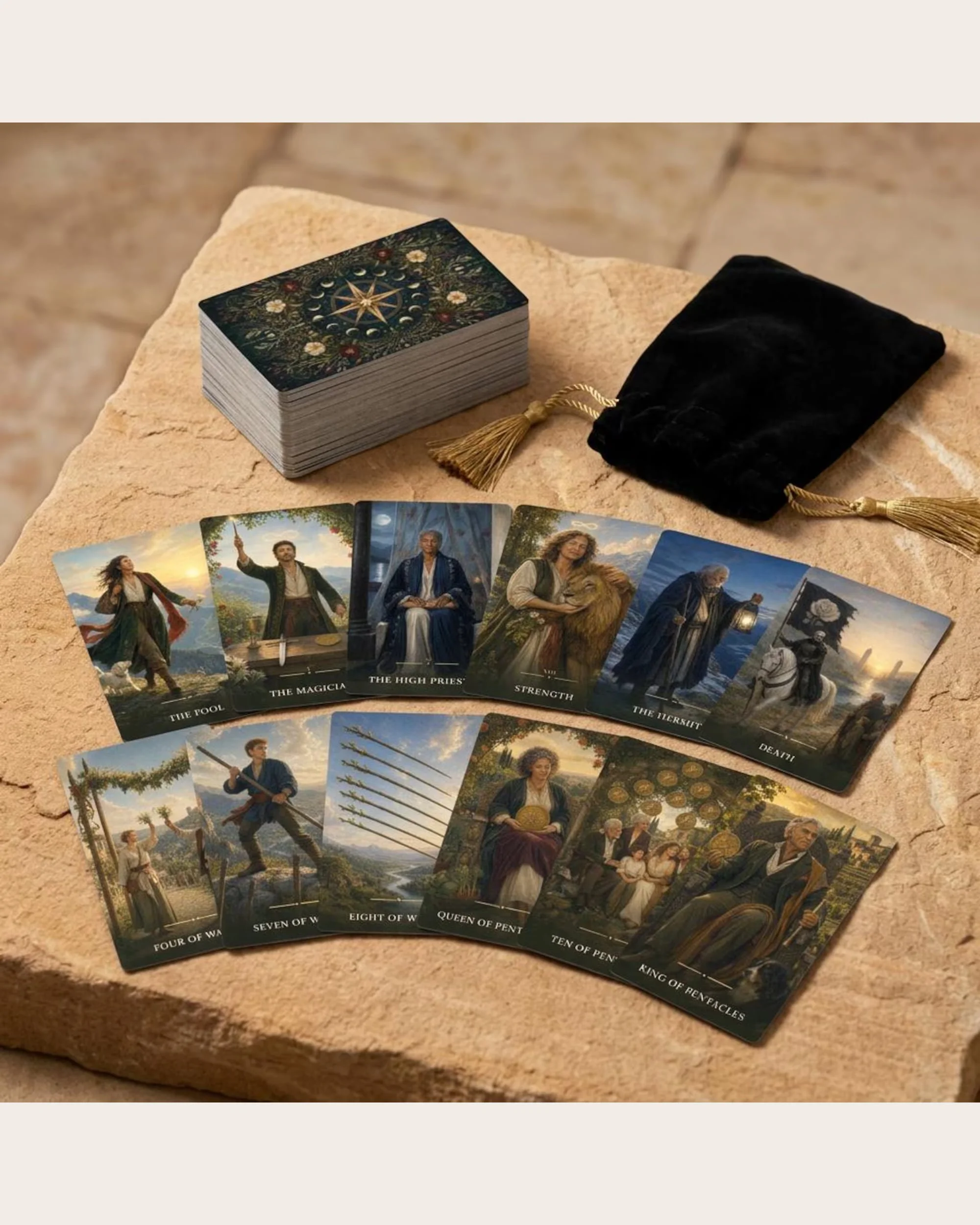 Mystic Nomad The Beginner’s Path Tarot deck, black velvet pouch and illustrated cards arranged on a stone surface.