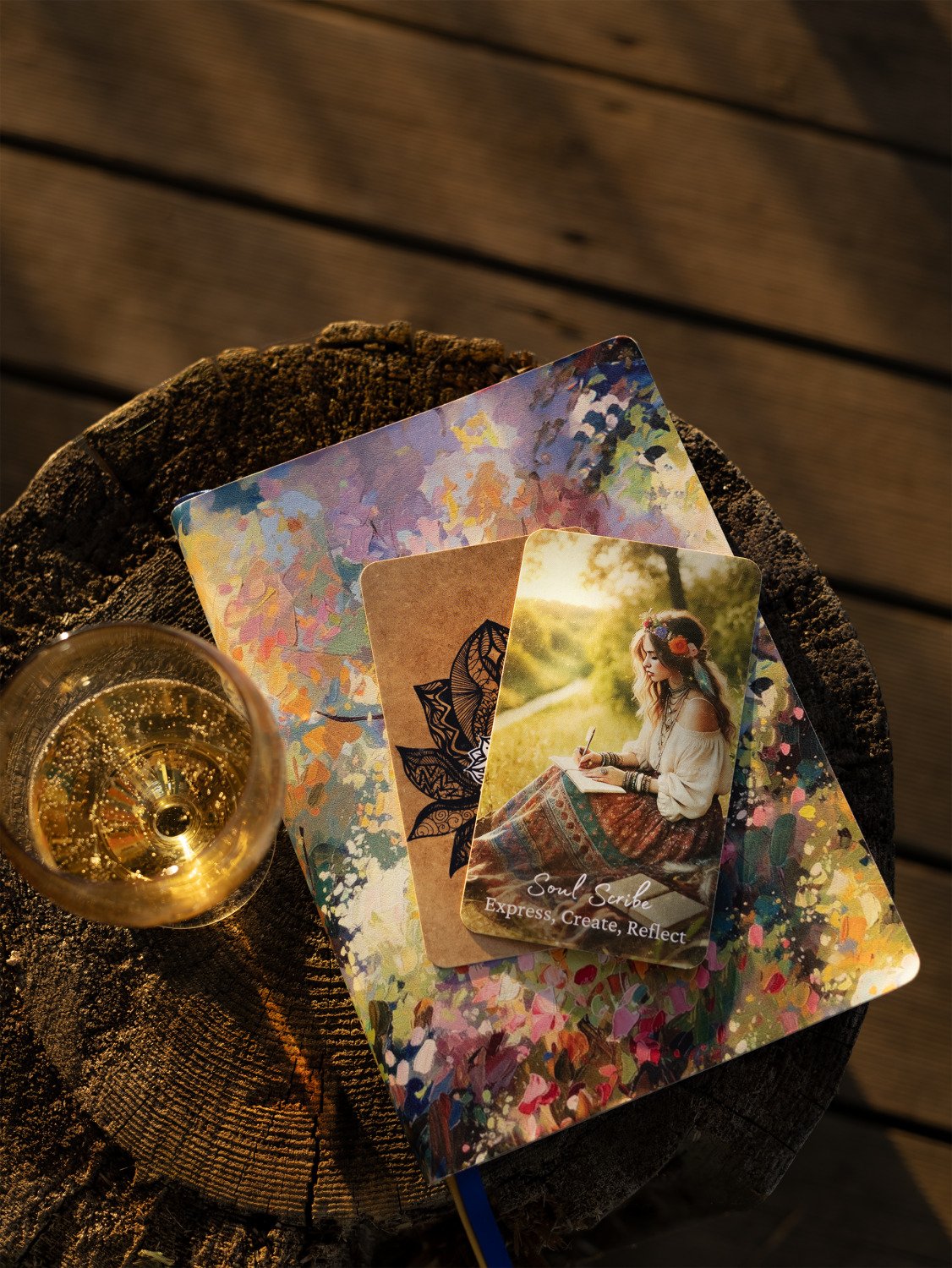 Soul Scribe oracle card resting on a colorful notebook beside a sparkling drink on a wooden stump.