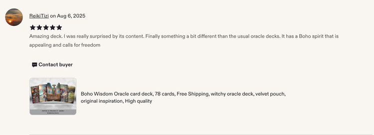 Etsy review screenshot for the Boho Wisdom Oracle Deck, praising its original content and free-spirited symbolism.