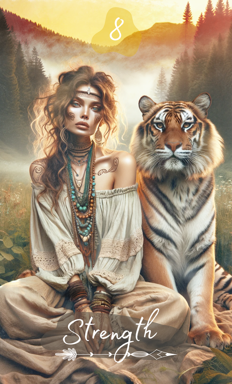 Strength card from Boho Soul Tarot showing a woman and tiger in a natural landscape.