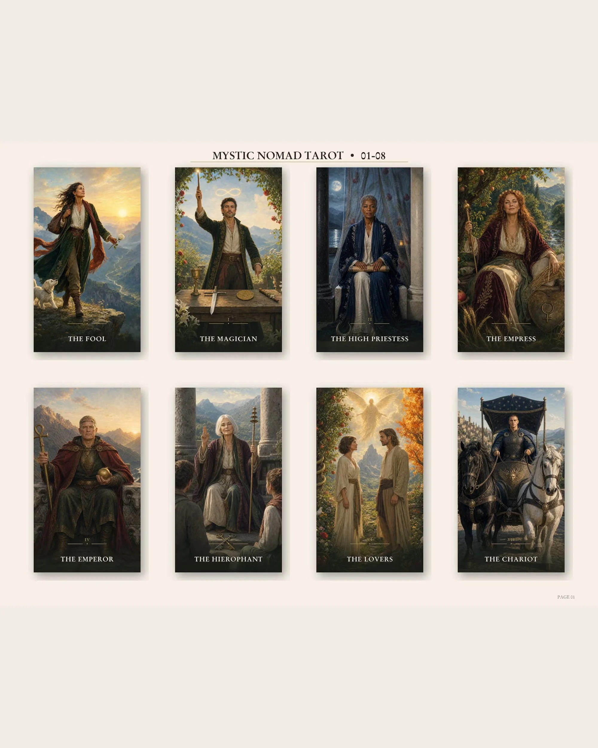 Eight Mystic Nomad The Beginner’s Path Tarot Major Arcana card illustrations, including The Fool and The Magician.