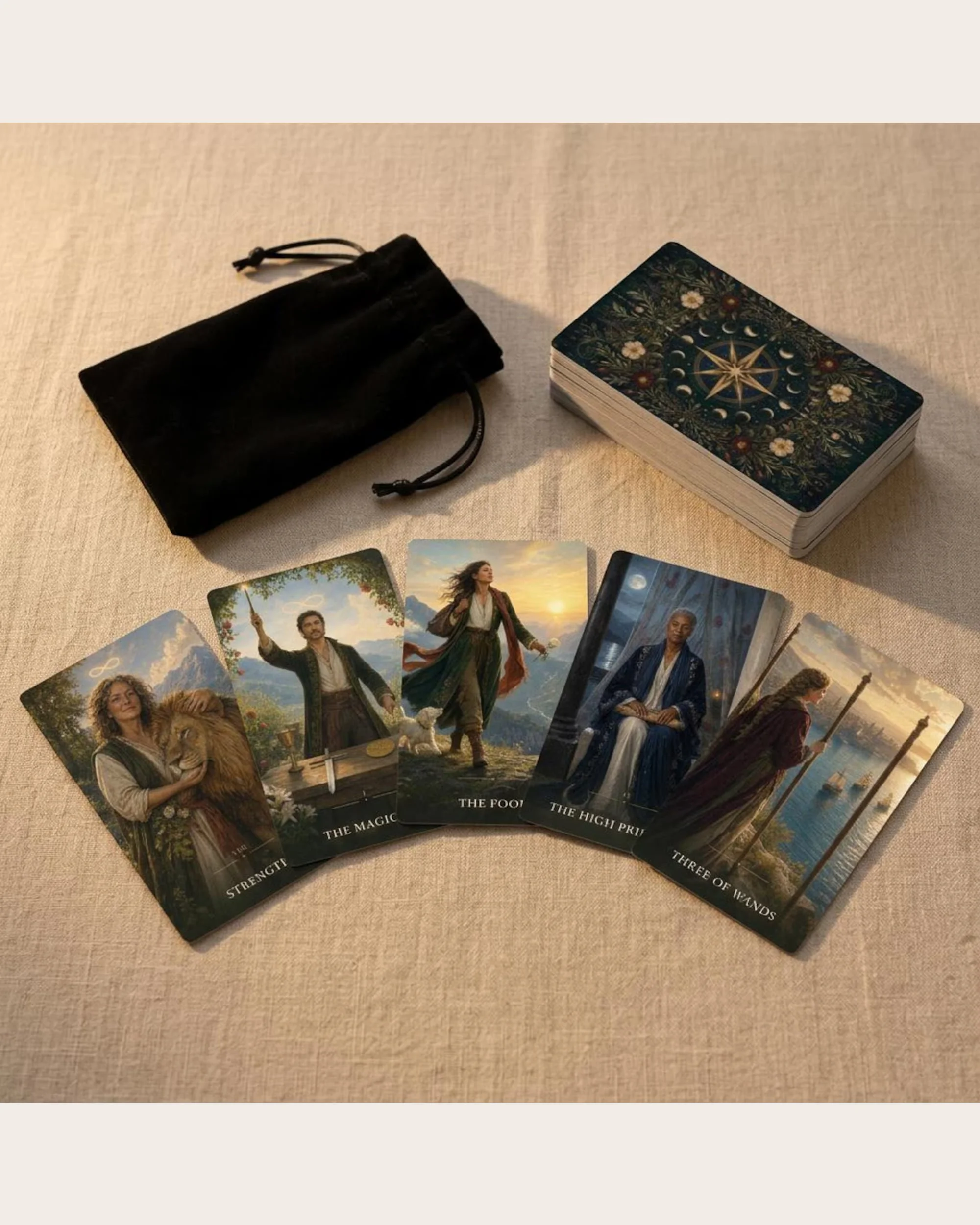 Five Mystic Nomad The Beginner’s Path Tarot cards displayed with the deck and black velvet pouch.