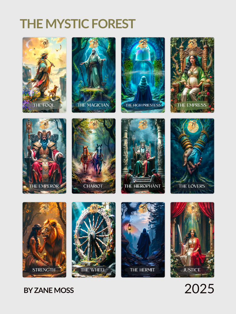 Selection of The Mystic Forest Tarot cards arranged in a grid, showing illustrated major arcana.