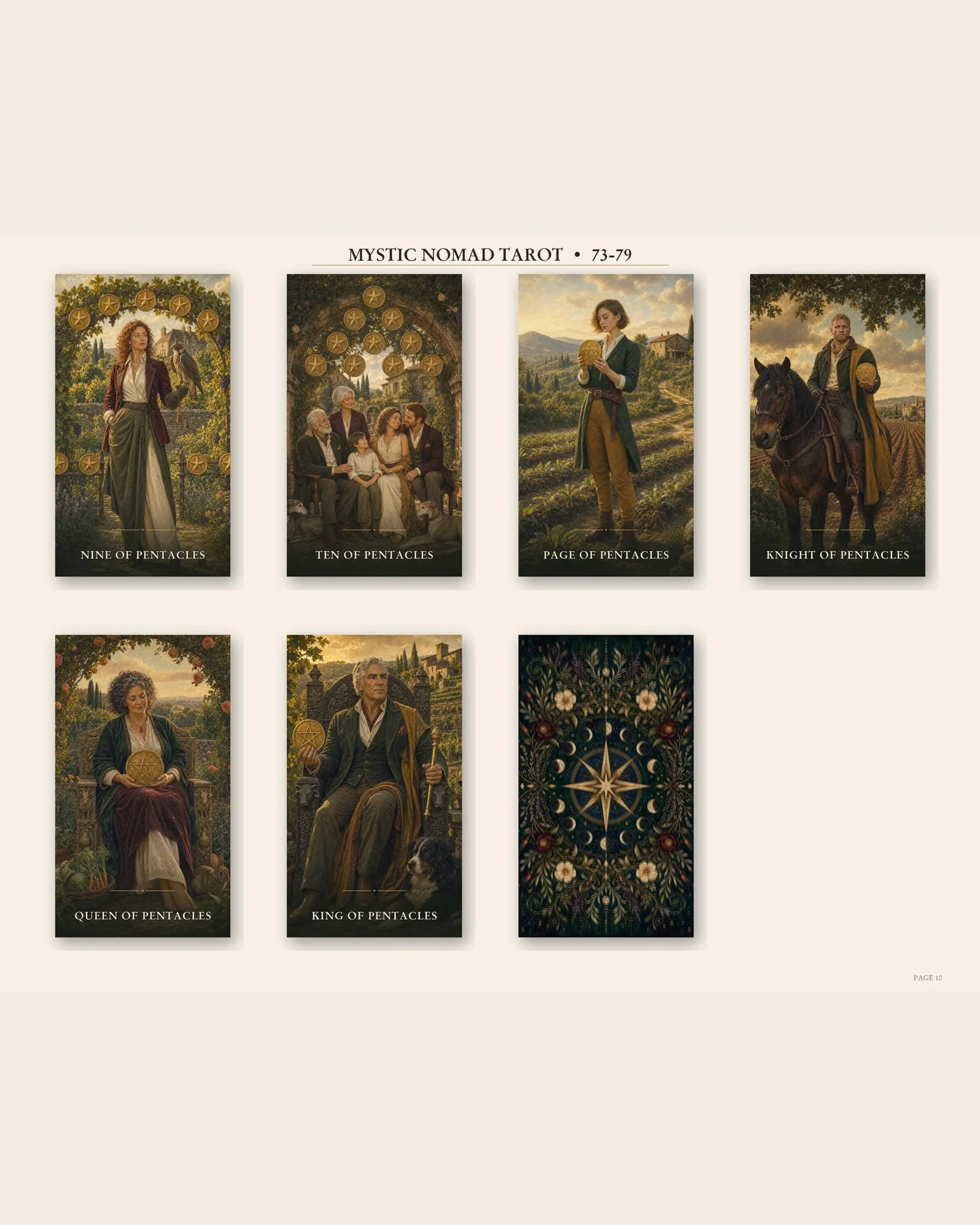 Mystic Nomad The Beginner’s Path Tarot Pentacles cards with the dark celestial card back design.