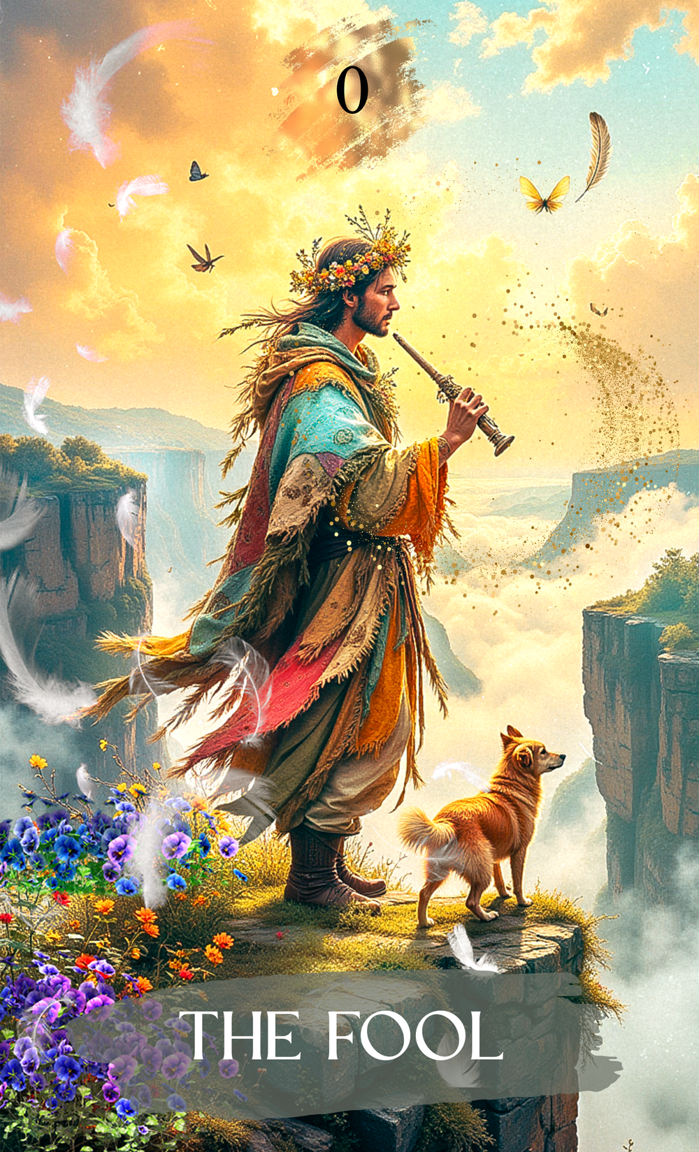 The Fool card from The Mystic Forest Tarot Deck, showing a flower-crowned wanderer playing a flute beside a dog at a cliff edge.
