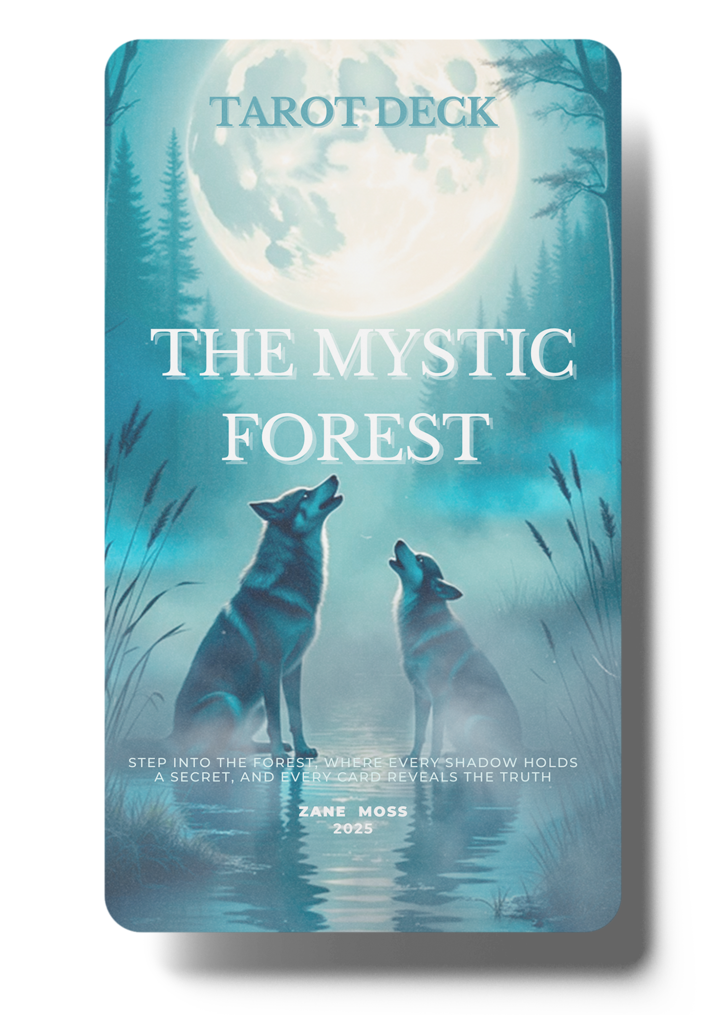 A tarot card deck titled "The Mystic Forest" featuring an illustration of two wolves howling at the moon in a mystical forest scene with tall trees, moonlight, and a reflective water surface.