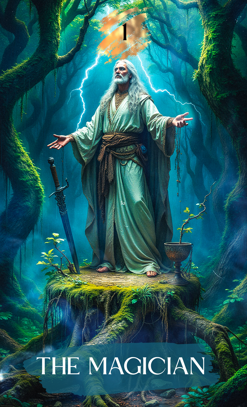 The Magician card from The Mystic Forest Tarot Deck, showing a silver-haired figure in a mossy blue-green forest with a sword and cup.