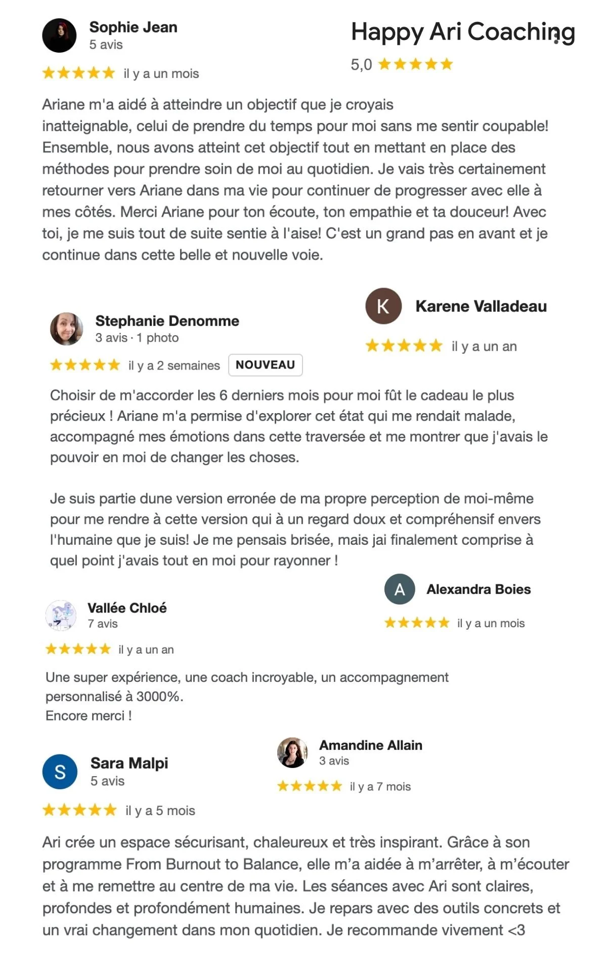 Captures d’écran de plusieurs avis cinq étoiles pour le service Happy Ari Coaching, soulignant l’impact des séances de coaching d’Ariane sur le développement personnel et le bien-être émotionnel