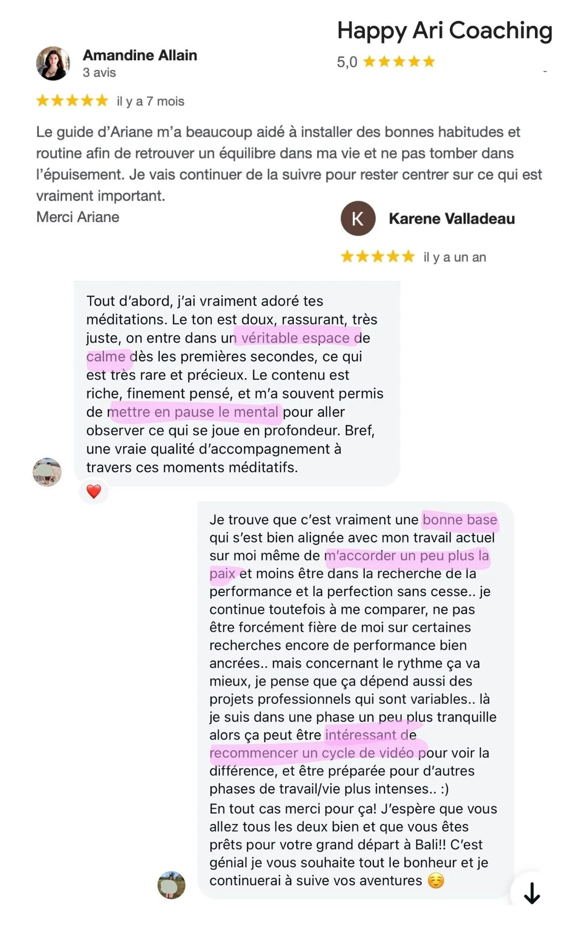 Capture d’écran de deux avis clients en français mentionnant le coaching, la méditation, l’évolution professionnelle et des tutoriels vidéo, avec notes étoilées