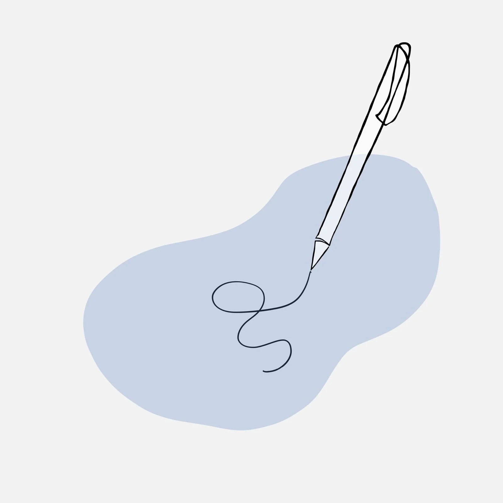 Skizze eines Kugelschreibers, der auf einer weißen Fläche schreibt, mit dem Schreibfleck in hellblauer Farbe.