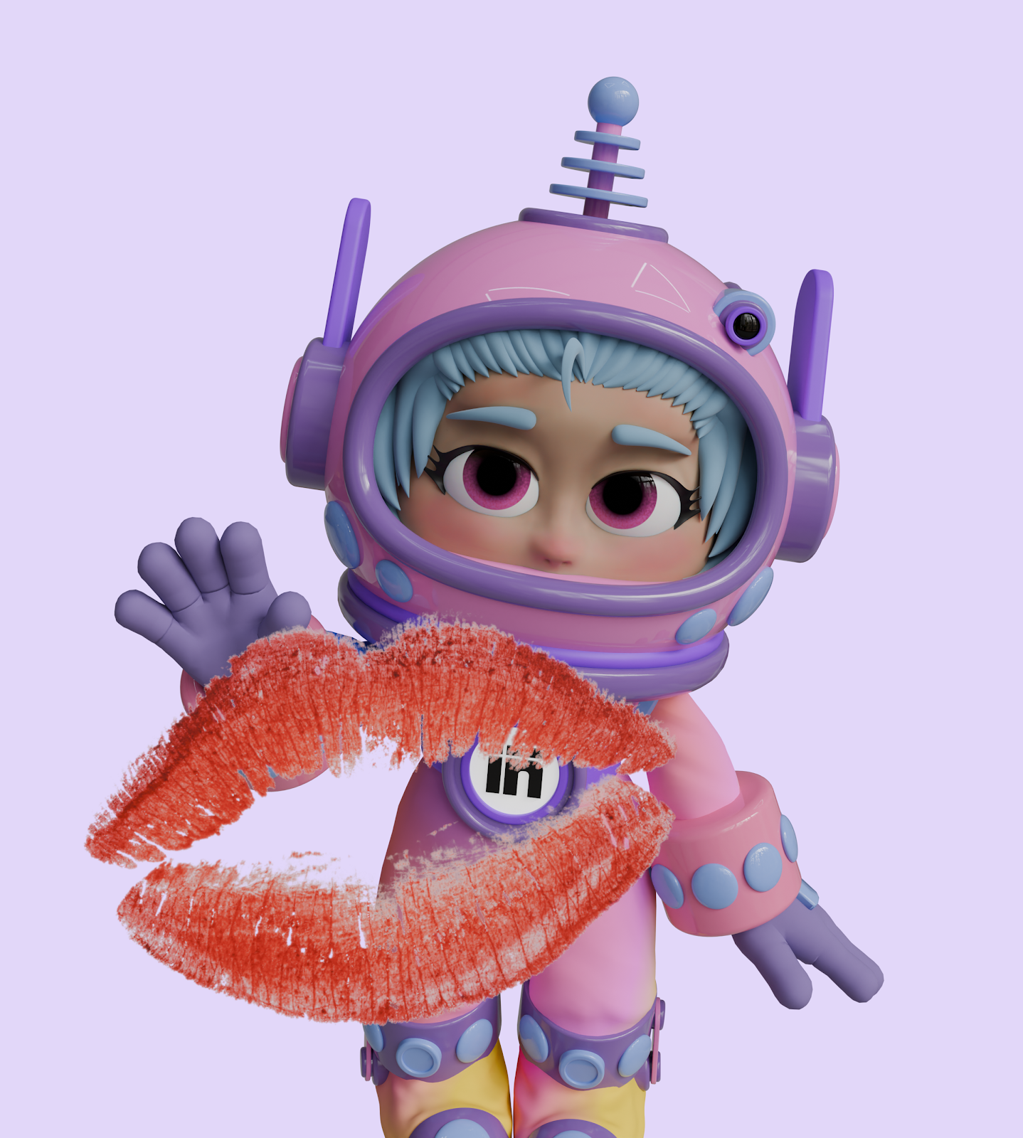 A doll dressed in a pink and purple astronaut costume with large eyes, blue hair, and a pink helmet with antenna, holding a large red lipstick kiss mark with its hand.