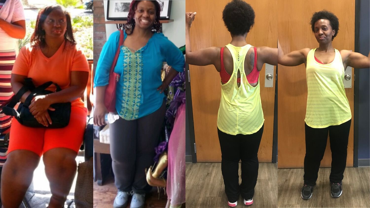 Sequence of three images showing a woman’s weight loss journey. First image: woman sitting on a bench, wearing an orange shirt and red shorts. Second image: woman standing indoors, wearing a blue top and dark pants, smiling. Third image: woman flexing her muscles in a yellow tank top and black pants, seen from the front and back, showing muscular progress.