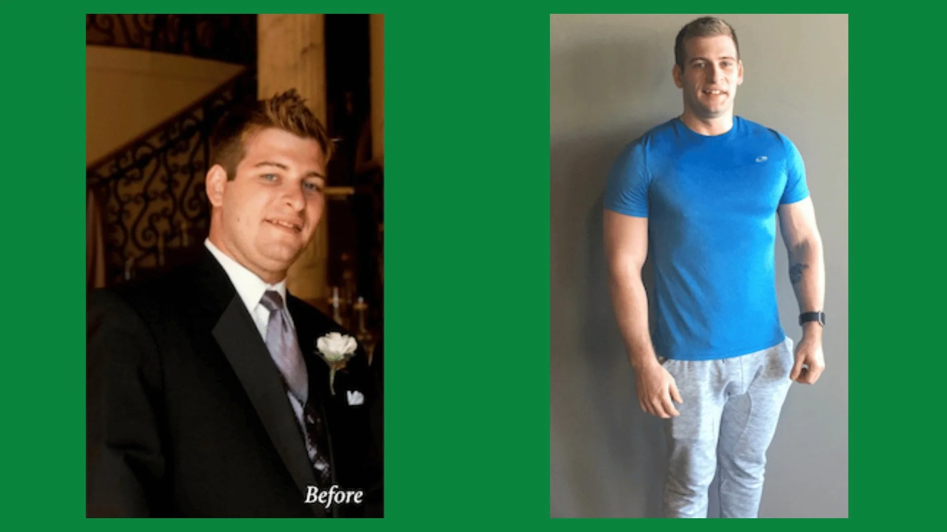 Comparison of a man before and after fitness transformation, left in formal attire, right in casual workout clothes.