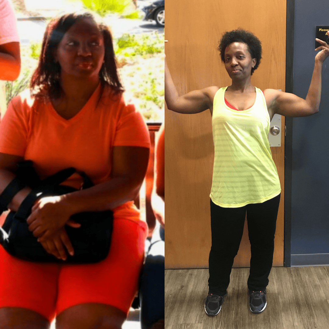 A woman before and after fitness transformation, showing weight loss and muscle gain progress.
