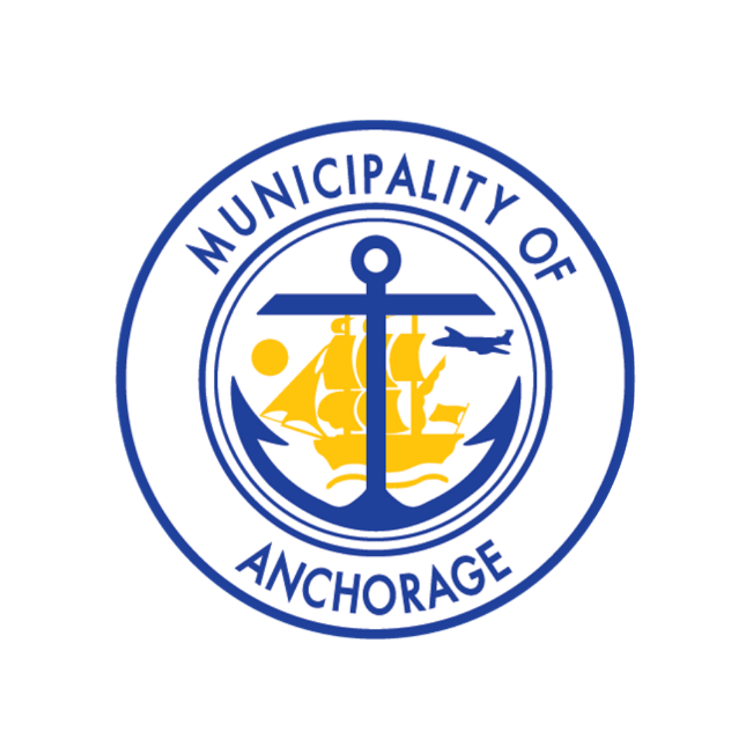 Emblem of the Municipality of Anchorage featuring a blue and yellow sailing ship with a sun, an airplane, and an anchor.