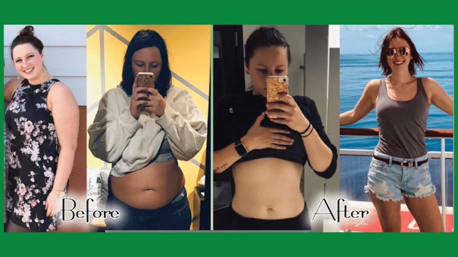 Comparison of a woman before and after weight loss journey, showing her in different outfits, smiling in the first and second images, taking mirror selfies in the middle, and enjoying the outdoors in the last.