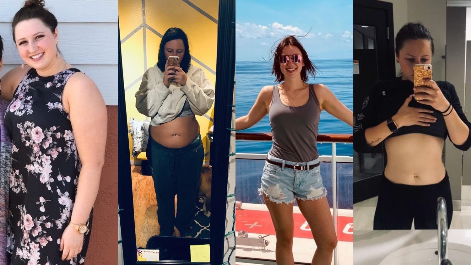 Comparison of a woman before and after weight loss journey, showing her in different outfits, smiling in the first and second images, taking mirror selfies in the middle, and enjoying the outdoors in the last.