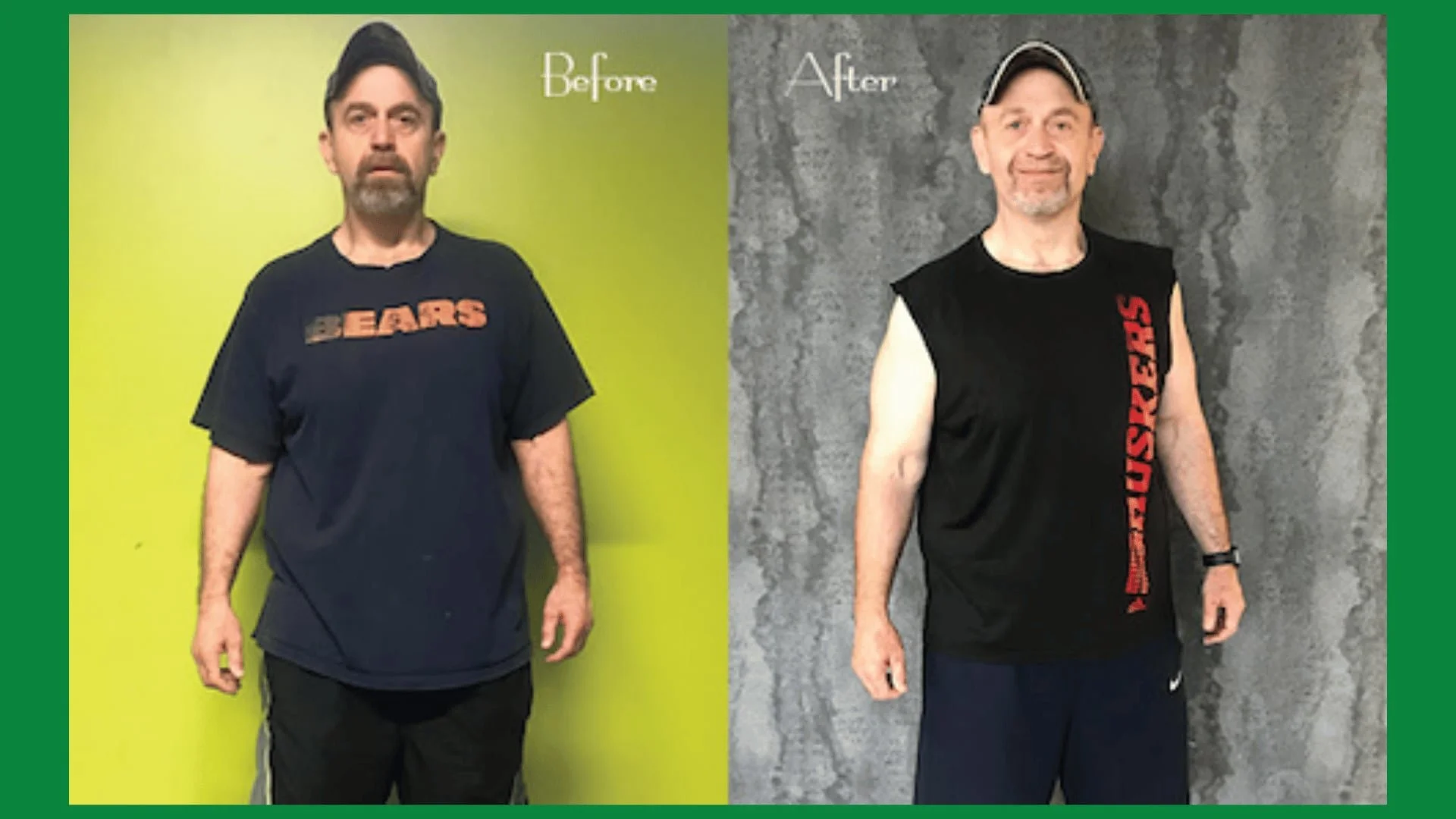 Side-by-side comparison of a man before and after fitness transformation, wearing black T-shirts with red text, standing against plain green and concrete backgrounds.