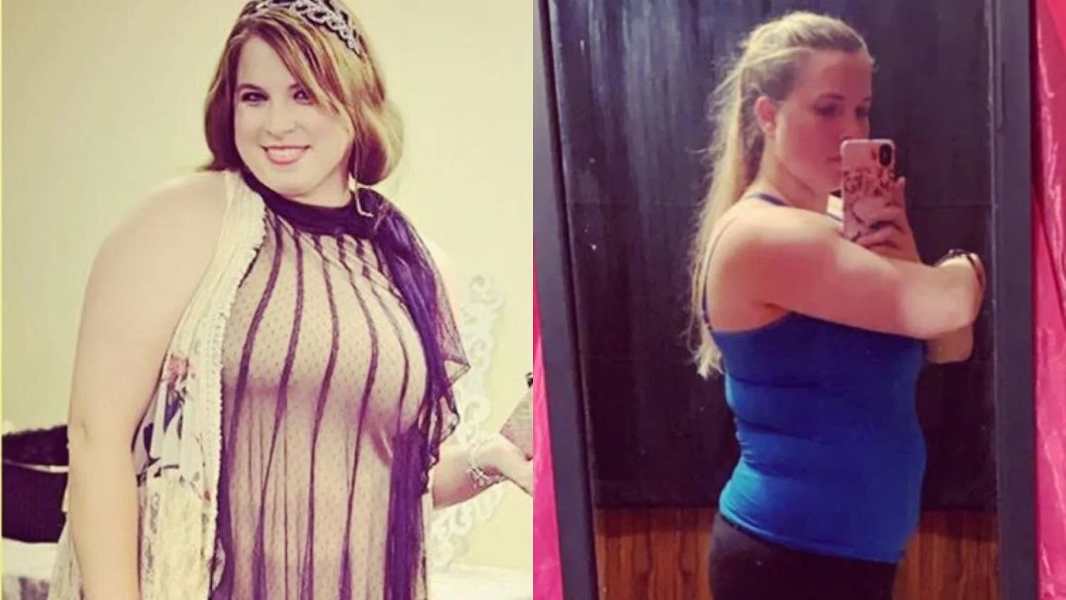 Side-by-side photo with the left labeled 'Before' showing a woman with shoulder-length red hair, smiling, wearing a beige and black striped top. The right labeled 'After' showing the same woman with long blonde hair, taking a mirror selfie, wearing a navy blue tank top and black leggings.