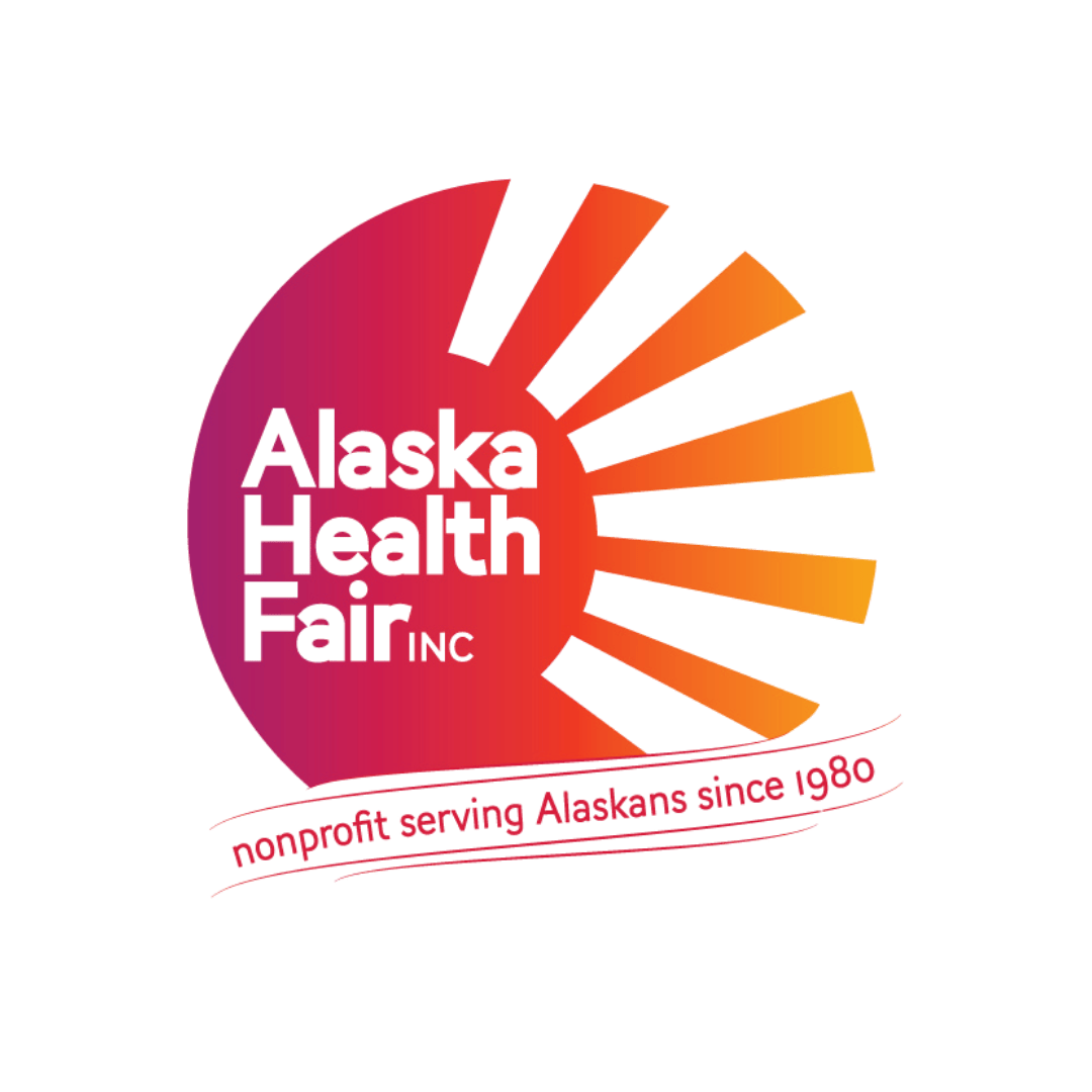 Logo for Alaska Health Fair Inc., a nonprofit serving Alaskans since 1980, featuring a stylized circular design with radiating segments in pink, orange, and yellow, and the text 'Alaska Health Fair Inc.' and 'nonprofit serving Alaskans since 1980'.