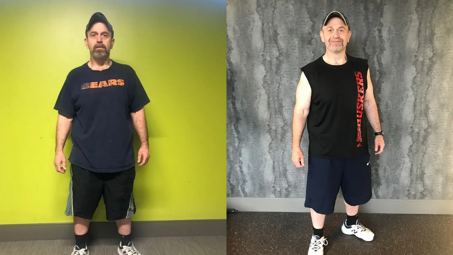 Side-by-side comparison of a man before and after fitness transformation, wearing black T-shirts with red text, standing against plain green and concrete backgrounds.