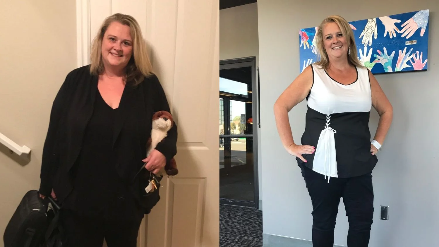 Side-by-side photos of the same woman before and after weight loss. In the 'before' photo, she is wearing a black outfit, smiling, and holding a stuffed animal. In the 'after' photo, she is wearing a white and black dress with her hand on her hip, smiling, with a colorful abstract painting in the background.